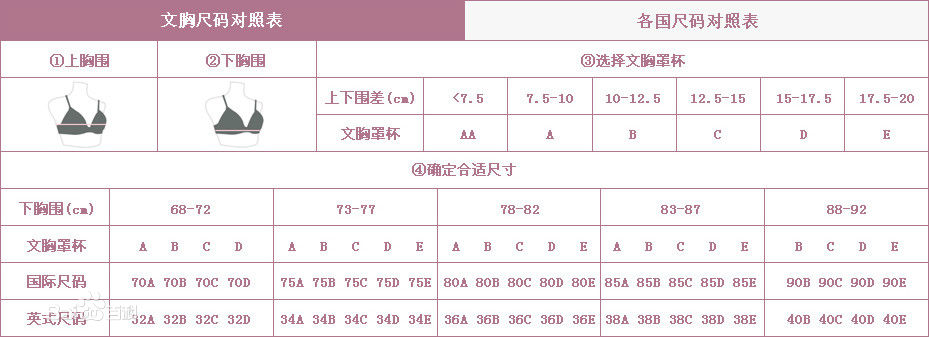 女人胸罩尺寸的具体分类