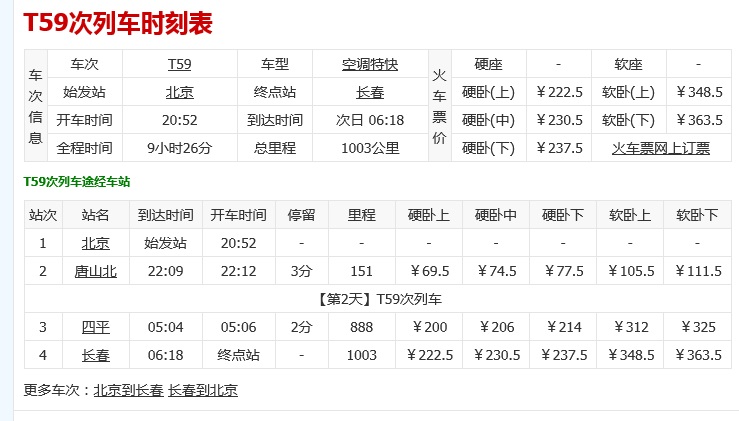 T59次列车时刻表