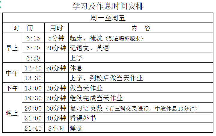 六年级学习计划+作息时间表