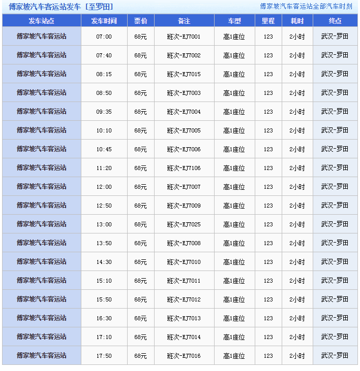 傅家坡的大别山汽车站时刻表，求回答