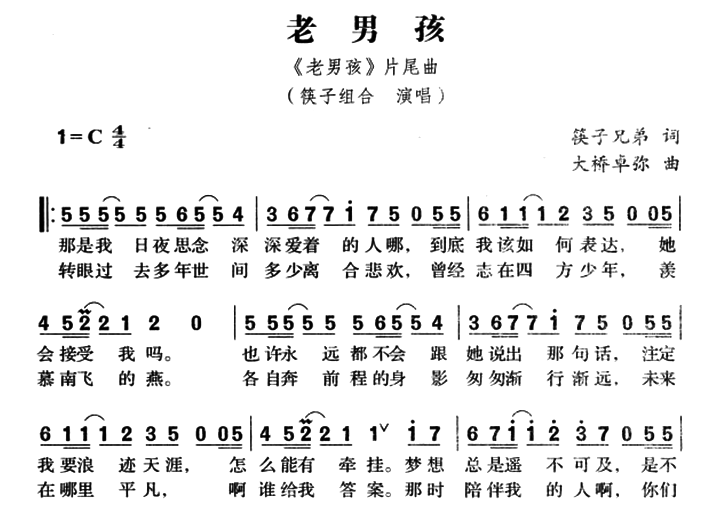 求一份《老男孩》的简谱，要全是数字的那种。可以用竖笛吹出来。谢谢了！