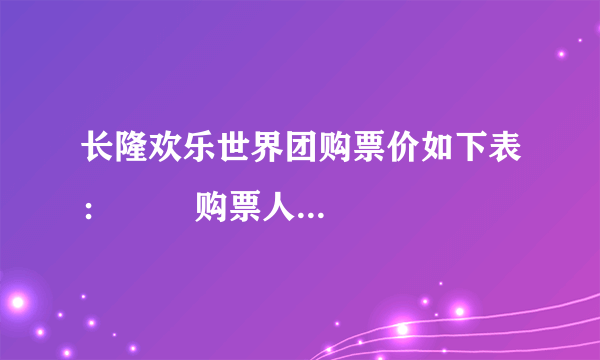 长隆欢乐世界团购票价如下表：        购票人数  1～50  50～100  100以上    每人门票价  130元  110元