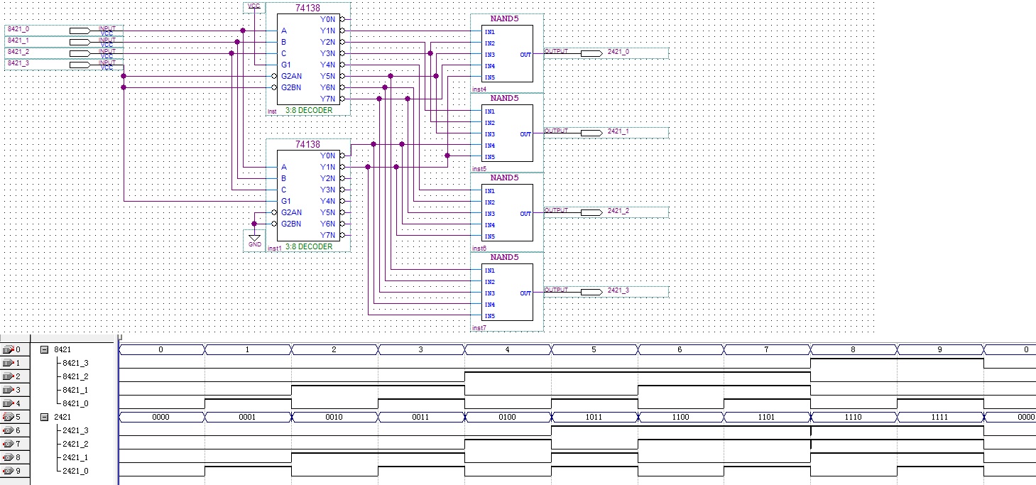 数字逻辑作业：2片38译码器实现8421码到2421码的转换，求图啊~