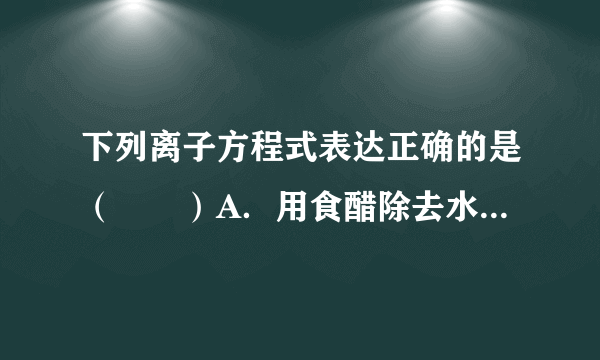 下列离子方程式表达正确的是（　　）A．用食醋除去水瓶中的水垢：CO32-+2CH3COOH=2CH3COO-+CO2↑+H2OB．